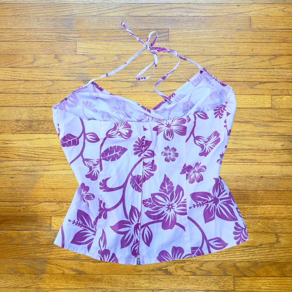 Speechless Y2K Purple Hibiscus Floral Halter Top V-Neck Empire Waist Zipper Back